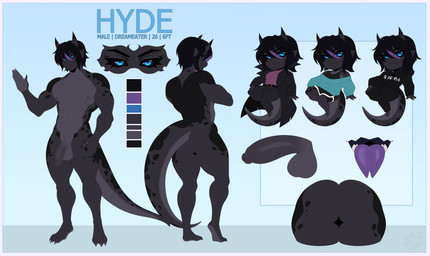 3_toes anthro balls black_body_markings black_hair black_sclera border butt chibi feet forked_tongue genitals grey_body grey_penis hair highlights_(coloring) horn male muscular muscular_anthro muscular_arms muscular_male pecs penis purple_highlights purple_tongue sharp_teeth solo tail teeth toes tongue white_border ju-ki mythology hyde_(terragante.exe) dragon mythological_creature mythological_scalie scalie absurd_res hi_res model_sheet