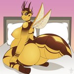 anthro arthropod_abdomen bed big_butt butt fangs female furniture huge_butt kneeling looking_at_viewer nipples pillow simple_background slightly_chubby smile smiling_at_viewer solo teeth wings queenkittyok friendship_is_magic hasbro my_little_pony bee_berry fan_character arthropod bee bee_pony changeling equid equine horse hybrid hymenopteran insect mammal pony 1:1 absurd_res full-length_portrait hi_res portrait