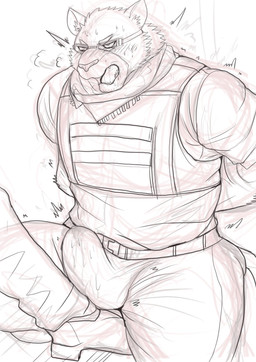 anthro attack bdsm blush bodily_fluids clothed clothing cock_and_ball_torture crotch_attack crotch_kick cum cum_in_clothing cum_in_pants cum_through_clothing cum_through_pants duo erection erection_under_clothing eyewear genital_fluids genital_torture kerchief kick male mercenary military military_uniform muscular muscular_anthro muscular_male soldier sunglasses uniform warrior wet wet_clothing dusk60000 lifewonders live_a_hero light_mercenary_(live_a_hero) mercenary_villain_(live_a_hero) felid feline mammal hi_res sketch