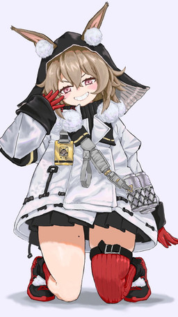 black_hood bottomwear brown_eyes clothing coat female footwear gloves handwear hood hood_up looking_at_viewer mole_on_thigh rabbit_ears red_clothing red_gloves red_handwear red_sock shoes skirt solo topwear white_clothing white_coat white_topwear bsyab1 arknights hypergryph studio_montagne caper_(arknights) animal_humanoid humanoid lagomorph lagomorph_humanoid leporid_humanoid mammal mammal_humanoid rabbit_humanoid hi_res