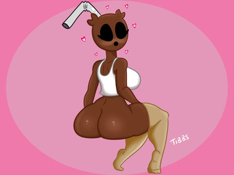 black_eyes blush breasts brown_body butt clothing coconut drinking_straw drupe_(fruit) female food fruit heart_symbol legwear plant shirt solo stockings topwear tibbs elemental_creature flora_fauna food_creature living_fruit 4:3 hi_res