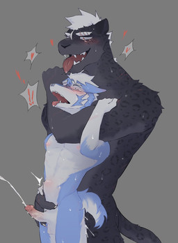 abdominal_bulge anal anal_orgasm anal_penetration anthro asphyxiation balls biped bite_mark black_nose blue_body blue_eyes blue_fur blue_tail blush blush_lines blushing_profusely bodily_fluids choking cum cum_inside cum_on_leg cum_on_self cum_while_penetrated cumshot duo ejaculation erection exclamation_point eye_scar eyebrow_scar eyebrows facial_scar fangs from_behind_position fur genital_fluids genitals glans grey_background grey_body grey_fur grey_tail hair hand_on_leg hand_on_thigh hands-free heart_symbol humanoid_genitalia humanoid_penis male male/male male_penetrated male_penetrating male_penetrating_male nipples nude open_mouth orange_eyes orgasm penetration penile penile_penetration penis pink_glans pink_nipples pink_tongue reverse_stand_and_carry_position scar sex simple_background size_difference standing standing_sex tail teeth tongue tongue_out tuft white_balls white_body white_eyebrows white_fur white_hair white_penis white_tail cyanusowo felid mammal pantherine digital_media_(artwork) hi_res