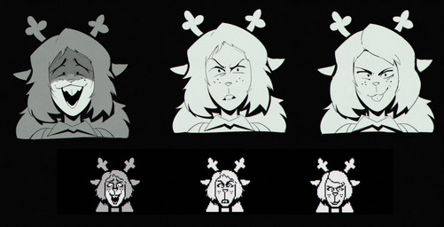anthro antlers bangs buckteeth cartoon_freckles clothed clothed_anthro clothed_female clothing constricted_pupils crazy_eyes eyelashes female freckles fur hair horn long_eyelashes long_hair looking_at_viewer multiple_expressions open_mouth pupils shirt small_pupils smile smirk smug_face solo teeth topwear nupi deltarune undertale_(series) noelle_holiday deer mammal new_world_deer reindeer absurd_res expression_sheet hi_res monochrome portrait reference_image