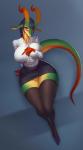 anthro big_breasts bottomwear breast_squish breasts clothed clothing curvy_figure female furgonomics hair horn huge_breasts legwear long_legs long_neck looking_at_viewer nipple_outline non-mammal_breasts orange_eyes panties pupils simple_background skirt slit_pupils small_waist solo squish tail tail_through_skirt thick_thighs thigh_highs underwear upskirt voluptuous wide_hips heatboom mythology miranda_(heatboom) dragon mythological_creature mythological_scalie scalie 2018 digital_media_(artwork) hi_res