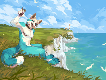 4_toes 5_fingers ambiguous_anthro ambiguous_gender anthro arm_tuft black_nose blue_body blue_fur cheek_tuft claws cliff cloud cloudy_sky collar collar_only countershade_torso countershading elbow_tuft facial_tuft fangs feet finger_claws fingers fur gesture grass hand_gesture knee_tuft leather leather_collar leg_tuft lighthouse looking_at_viewer mastectomy_scar multicolored_body multicolored_fur nude nude_anthro open_mouth open_smile outside pawpads plant scar sitting sitting_on_cliff sky smile solo tail teeth toe_claws toes tuft two_tone_body two_tone_fur two_tone_tail v_sign water whiskers corzh77 ambient_bird canid canine mammal 2026 4:3 absurd_res digital_media_(artwork) full-length_portrait hi_res portrait