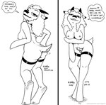 2018 antelope anthro balls bedroom_eyes black_and_white bovid breasts butt clothing comic dani_(tegerio) dialogue english_text erection fur genitals gynomorph hair heart_symbol herm_(lore) intersex legwear mammal monochrome narrowed_eyes navel nipples penis rear_view scut_tail seductive short_tail solo speech_bubble tail tegerio text thigh_highs