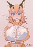 armwear big_breasts blue_eyes blush bodily_fluids bow_(feature) bow_tie breasts brown_body brown_fur cleavage clothed clothing elbow_gloves female fur gloves hair hand_on_breast handwear huge_breasts looking_at_viewer open_mouth orange_hair simple_background solo sweat text arumo kemono_friends caracal_(kemono_friends) animal_humanoid caracal_humanoid felid felid_humanoid feline feline_humanoid humanoid mammal mammal_humanoid 2019 english_text half-length_portrait hi_res portrait