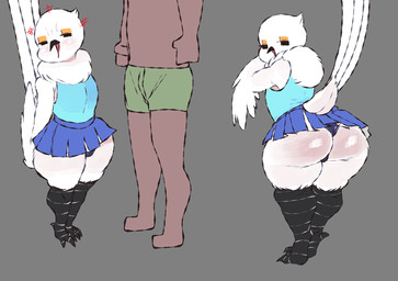 anthro beak big_butt bottomwear bulge butt clothing cross-popping_vein duo eyeshadow feathers femboy furrowed_eyebrows glistening glistening_butt grey_background hands_behind_back makeup male neck_tuft open_beak open_mouth presenting presenting_hindquarters shirt shorts simple_background size_difference skirt tail tail_feathers tank_top thick_thighs topwear tuft white_body white_feathers winged_arms wings meweeze burd_(meweeze) avian bird columbid human mammal pigeon hi_res
