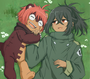 anthro black_hair cuddling duo hair hand_holding lying male on_back pink_hair ponytail red_eyes sharp_teeth smile teeth kadoko5 bandai_namco digimon digimon_beatbreak granit_(digimon_beatbreak) digimon_(species) human ludomon mammal