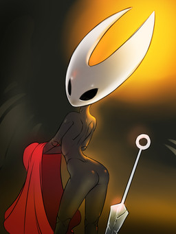 2_horns ambiguous_gender anthro biped black_body black_eyes butt cape cloak clothing holding_melee_weapon holding_object holding_sword holding_weapon horn melee_weapon nude red_clothing solo sword undressing weapon chochi hollow_knight:_silksong hollow_knight_(franchise) team_cherry hornet_(hollow_knight) arthropod insect 2025 3:4 hi_res female_(lore)