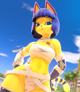 anthro armwear bandage bandaged_arm beach blue_armwear blue_clothing blue_elbow_gloves blue_eyes blue_fingerless_gloves blue_gloves blue_hair blue_handwear blue_legwear blue_sky blue_thigh_highs bob_cut breasts chest_wraps clothing cloud day dutch_angle egyptian elbow_gloves female fingerless_gloves front_view gloves hair hands_on_hips handwear legwear looking_at_viewer markings medium_breasts midriff mummy_wrappings outside palm_tree plant red_ears short_hair sky smile smiling_at_viewer solo striped_markings striped_tail stripes tail tail_markings thick_thighs thigh_highs tree wide_hips wraps yellow_body rosoero warfaremachine_(modeler) animal_crossing nintendo ankha_(animal_crossing) warfare_ankha domestic_cat felid feline felis mammal 2026 3d_(artwork) absurd_res digital_media_(artwork) hi_res