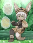 4_fingers 4_toes anthro boots bottomwear brown_body brown_fur clothing costume dialogue explorer_outfit feet female fingers footwear forest forest_background fur grass hair hat headgear headwear legwear log nature nature_background pants plant shoes solo speech_bubble stockings text toes tree white_hair wood vavacung made_in_abyss nanachi lagomorph leporid mammal narehate rabbit 2023 3:4 digital_media_(artwork) english_text hi_res