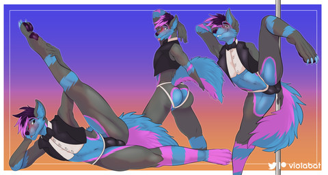 abstract_background anthro bow_tie bulge clothing dancing detailed_bulge femboy flexing jockstrap looking_at_viewer male multiple_poses pole pole_dancing pose raised_leg raised_tail rear_view solo spread_legs spreading stripper_pole tail underwear viola_bat canid canine mammal absurd_res hi_res