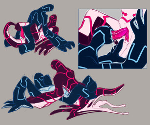 1_eye ambiguous_gender ambiguous_penetration black_body blue_body blue_markings bodily_fluids circuit_markings countershading duo fellatio from_front_position genitals herm herm/ambiguous intersex intersex/ambiguous legs_around_partner legs_around_waist lying markings missionary_position not_furry on_back oral penetration penile penis pink_markings pink_penis pink_vulva saliva saliva_on_penis sex tail tapering_tail unusual_anatomy unusual_genitalia vulva white_body white_countershading lumen_fox ben_10 cartoon_network fan_character spark_(strawberryoverlord) alien galvanic_mechamorph absurd_res hi_res sketch_page female_(lore)
