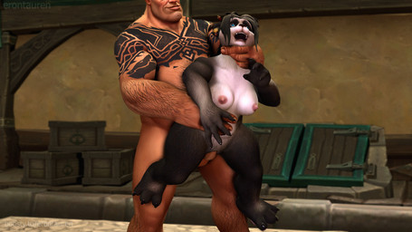 anthro areola black_claws blue_eyes claws dominant dominant_human dominant_male duo female hand_around_neck hand_on_neck hand_on_throat human_on_anthro interspecies larger_human larger_male male male/female nipples outside pink_areola pink_nipples questionable_consent size_difference smaller_anthro smaller_female stone_floor stone_wall submissive submissive_anthro submissive_female text wall_(structure) erontauren blizzard_entertainment warcraft bear human mammal pandaren 16:9 3d_(artwork) digital_media_(artwork) hi_res url widescreen