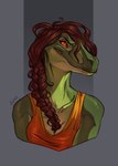 anthro athletic athletic_anthro athletic_female braided_hair breasts brown_hair clothed clothing female green_body green_scales hair looking_at_viewer non-mammal_breasts pupils scales shirt slit_pupils smile solo tank_top topwear adeloo yvonne_(lolzguy) dinosaur dromaeosaurid prehistoric_species reptile scalie theropod velociraptor bust_portrait hi_res portrait