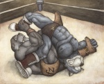 abs anthro biceps big_muscles black_eyes boots clothed clothing duo fighting_ring footwear fur grey_body male muscular muscular_male navel pain shoes teeth topless wrestling gh-mongo hound_(character) canid canine canis domestic_dog mammal marine pinniped walrus absurd_res hi_res