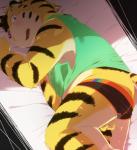 anthro bed biped blush butt butt_cleavage clothed clothing eyebrows furniture hair kemono lying male midriff open_mouth pink_nose rainbow shirt slightly_chubby solo stripes tank_top teeth topwear underwear hinami felid mammal pantherine tiger hi_res