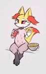 blush braixen collar container cup drinking feet female fur generation_6_pokemon navel nintendo nipples paws pokemon pokemon_(species) red_eyes shaved shaved_fur simple_background sitting slowderpyguy snacks solo toes yellow_body yellow_fur