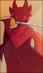 anthro breasts female forked_tongue horn licking_sword looking_at_viewer melee_weapon navel red_body red_eyes red_scales ring scales solo sword tail tongue weapon winged_arms wings novah_ikaro mythology viscera_maderi_(character) dragon mythological_creature mythological_scalie scalie absurd_res hi_res shaded