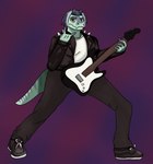 anthro clothing devil_horns_(gesture) eyelashes female fingers gesture grey_body grey_hair grey_scales guitar hair hand_gesture jacket leather leather_clothing leather_jacket leather_topwear long_tail looking_at_viewer multicolored_body multicolored_scales musical_instrument plucked_string_instrument scales short_hair simple_background solo string_instrument tail topwear two_tone_body two_tone_scales yellow_eyes stardust_strix goodbye_volcano_high lj_(gvh) dinosaur prehistoric_species reptile scalie 2023 digital_drawing_(artwork) digital_media_(artwork) hi_res