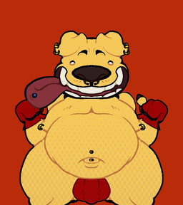 anthro belly bulge clothing detailed_bulge ear_piercing front_view fur genital_outline gesture gloves hand_gesture handwear happy male navel navel_piercing nipple_piercing nipples overweight overweight_anthro overweight_male penis_outline piercing pointing pointing_at_self red_background red_clothing red_gloves red_handwear simple_background smile solo standing teeth thick_thighs tongue tongue_out white_eyes yellow_body yellow_fur d0ncassidy canid canine canis domestic_dog mammal digital_media_(artwork)