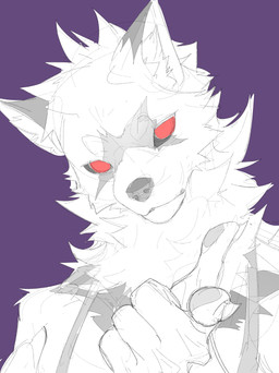 5_fingers anthro claws clothing finger_claws fingers fur gesture hand_gesture head_scar light_body light_fur looking_at_viewer male mouth_closed pawpads pointing pointing_at_viewer purple_background red_eyes scar simple_background simple_eyes solo topwear chiayeeee canid canine canis mammal wolf 2023 absurd_res bust_portrait digital_drawing_(artwork) digital_media_(artwork) hi_res portrait