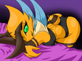 3_fingers all_fours antennae_(anatomy) anthro arthropod_abdomen ass_up back_muscles bed bed_sheet bedding bra bubble_butt butt clothing confident_female crossed_arms eyebrows female fingers fur furniture gradient_background green_eyes green_mouth green_tongue happy insect_wings laid_down looking_at_viewer on_bed panties raised_eyebrow seductive simple_background slim_female small_waist solo tongue underwear wings yellow_body painting_nyxie nyxie_(painting_nyxie) arthropod bee hymenopteran insect 2025 4:3 absurd_res digital_media_(artwork) hi_res