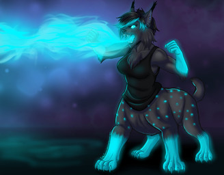 angry atomic_breath black_body black_fur breath_powers cheek_tuft chest_tuft elemental_manipulation facial_tuft fire fire_breathing fire_manipulation fur glowing glowing_eyes glowing_markings herm intersex markings nub_tail solo spots spotted_markings tuft emily_camissa blazespirit chakamil felid felid_taur feline lynx mammal mammal_taur taur absurd_res hi_res