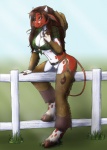 anthro belt biped bottomwear breasts brown_hair cleavage clothed clothing exposed facial_markings female fence genitals grass hair hat head_markings headgear headwear hooves horn jewelry markings necklace on_fence outside pants plant pose pussy sitting skimpy sky solo tail vani-fox blizzard_entertainment warcraft tikory bovid bovine mammal tauren pinup