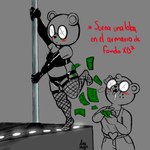 anthro banknote blush bottomwear clothing duo eyewear falling_money glasses holding_money holding_object male money pants pole shirt stripper stripper_pole text throwing_money topwear underwear frade_sawyer unicorn_wars padre_(unicorn_wars) bear mammal 1:1 2023 spanish_text translated