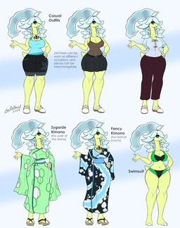 4_fingers anthro asian_clothing biped blue_clothing blue_eyes breasts cleavage clothed clothing east_asian_clothing eyebrows eyelashes female fingers footwear green_clothing hand_on_hip japanese_clothing kimono mouth_closed pseudo_hair pupils sandals shoes solo standing swimwear text white_sclera wide_hips latiar nintendo pokemon bayuki_wethergreen bayleef generation_2_pokemon pokemon_(species) 2026 english_text hi_res model_sheet signature