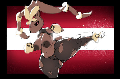 anthro areola big_breasts black_border black_nose black_sclera border bottom_heavy breasts brown_areola brown_body brown_fur brown_nipples camel_toe clothing eyelashes female floppy_ears fur genitals kick long_ears lop_ears navel nipples pink_eyes red_background simple_background slightly_chubby solo spread_legs spreading thick_thighs torn_clothing translucent translucent_clothing vulva white_background wide_hips yellow_body yellow_fur estebon89 nintendo pokemon generation_6_pokemon mega_evolution mega_lopunny pokemon_(species) hi_res