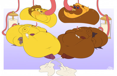 anthro belly big_belly big_butt big_penis blobby bodily_fluids butt clothing duo ejaculation expansion eyewear fat_neck feeding feeding_tube genitals huge_belly huge_butt huge_penis hyper hyper_belly hyper_butt hyper_genitalia hyper_penis male male/male medical_instrument moobs morbidly_obese nipples obese overweight penis scientific_instrument sunglasses sweat torn_clothing weight_gain jangleforks animal_crossing nintendo bud_(animal_crossing) elvis_(animal_crossing) felid lion mammal pantherine hi_res