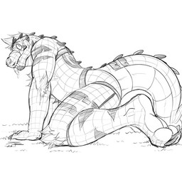 all_fours anthro arm_tuft barbell_piercing black_markings chest_tuft circular_barbell_piercing elbow_tuft facial_piercing fangs harness knee_tuft leg_tuft lip_piercing lip_ring male markings mouth_closed nose_piercing nude piercing pupils ring_piercing septum_circular_barbell septum_piercing side_view simple_background slit_pupils solo striped_arms striped_legs teeth tongue tongue_piercing tongue_stud tuft crazydrak alex_(jrbart) crocodile crocodilian reptile scalie 1:1 2023 dated monochrome signature sketch