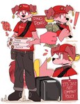 anthro biped black_eyes delivery_(commerce) floppy_ears food_delivery fur looking_at_viewer male multiple_poses pizza_delivery pose red_body red_fur slim_anthro slim_male solo standing mintcashew canid canine canis domestic_dog mammal 2024 absurd_res hi_res