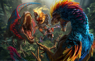 action_pose ambiguous_gender anthro blue_body blue_feathers book claws eyewear eyewear_on_head feathers female feral goggles goggles_on_head grass group hair high-angle_view holding_book holding_object magic open_mouth plant ponytail pose proboscis_(anatomy) red_body red_feathers sharp_teeth sickle_claw tail teeth text toe_claws tongue tongue_out tree trunk_(anatomy) akreon hasbro magic:_the_gathering wizards_of_the_coast dinosaur elephant elephantid feathered_dinosaur feathered_scalie human mammal prehistoric_species proboscidean reptile saurischian scalie theropod english_text official_art