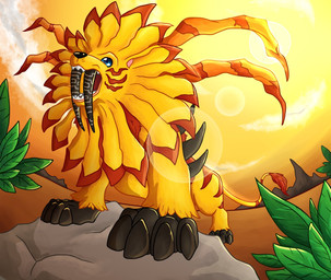 blue_eyes fangs fur multicolored_body multicolored_fur plant rock sabertooth_(anatomy) solo sun teeth two_tone_body two_tone_fur yellow_body yellow_fur bandai_namco digimon digimon_(species) felid lion mammal pantherine saberleomon