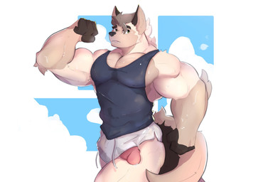 anthro biceps bodily_fluids bottomwear clothing exercise genitals looking_at_viewer male muscular muscular_anthro muscular_male outside penis penis_poking_out running shirt shorts solo sweat tank_top topwear workout makowolf1 mako_(makowolf1) canid canine canis mammal wolf 2020 hi_res