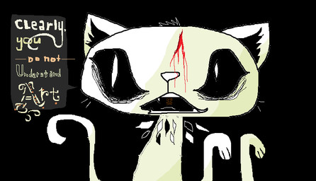ambiguous_gender black_background black_sclera blood bodily_fluids feral simple_background solo surrealism text wounded naircat domestic_cat felid feline felis mammal 2015 digital_drawing_(artwork) digital_media_(artwork) english_text