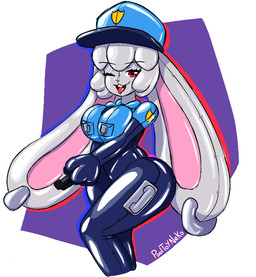 anthro clothing doll ear_piercing ear_ring electroshock_weapon female handles_on_hips holding_object holding_taser holding_weapon inflatable looking_at_viewer one_eye_closed piercing police police_officer police_uniform ring_piercing solo taser tongue tongue_out uniform weapon wink winking_at_viewer pooltoyneko nina_snowfield animate_inanimate lagomorph leporid living_inflatable living_sex_doll mammal rabbit
