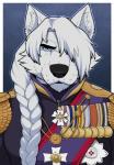 anthro black_nose blue_background blue_eyes border braided_hair clothed clothing epaulet front_view fur hair hair_over_eye inner_ear_fluff long_hair looking_at_viewer male medal one_eye_obstructed outside_border royalty simple_background solo tuft uniform whiskers white_body white_border white_fur white_hair aluminemsiren pyro29 arctic_wolf canid canine canis mammal wolf 2015 bust_portrait digital_media_(artwork) hi_res portrait