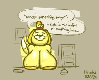 anthro areola bell big_areola big_breasts breast_rest breast_squish breasts casual_nudity desk dialogue dipstick_tail fake_horns female filing_cabinet fur furniture glistening glistening_breasts huge_areola looking_at_viewer markings name_tag solo squish table tail tail_markings yellow_body yellow_fur honeybud animal_crossing nintendo isabelle_(animal_crossing) canid canine mammal hi_res