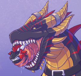 4_horns anthro anthro_prey black_body black_collar black_fur black_scales black_sclera blue_background bodily_fluids clenched_teeth collar duo eyes_closed feral feral_pred forked_tongue fur horn horn_jewelry horn_ring in_mouth jewelry male male_anthro male_feral male_pred male_prey multi_horn multicolored_body multicolored_fur multicolored_scales open_mouth oral_vore pink_tongue pupils red_body red_ears red_fur red_scales ring_(jewelry) saliva saliva_on_tongue scales sharp_teeth simple_background size_difference slit_pupils snout teeth tongue tongue_around_body vore white_body white_fur white_horn yellow_body yellow_eyes yellow_horn yellow_scales bluestripedrenulian european_mythology mythology karrthus dragon mammal mythological_creature mythological_scalie scalie western_dragon 2026 hi_res