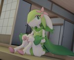 anthro eyelashes female flower_on_head green_body green_eyes outside sitting solo white_body lorded fakemon faunazon humanoid 3d_(artwork) blender_(artwork) digital_media_(artwork) hi_res