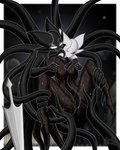 anthro big_breasts black_body black_sclera blush bodily_fluids border breasts female female/female genital_fluids genitals pussy segmented_body sex sweat sword_in_ground tentacle_sex tentacles vaginal_fluids weapon white_eyes carrotgitlewd hollow_knight team_cherry fan_character shade_(hollow_knight) void_(hollow_knight) shadow_creature vessel_(species) 4:5 absurd_res hi_res