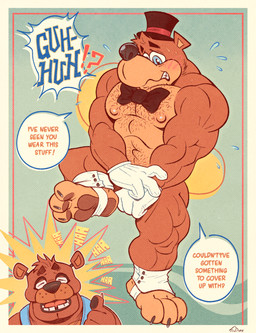 3_toes 4_fingers abs abstract_background alternate_costume anthro backpack backpack_strap barazoku bent_leg biceps big_nipples black_clothing black_nose blue_eyes blue_text blush bodily_fluids body_hair bow_tie brown_body brown_fur chest_hair claws clenched_teeth clothing clothing_swap countershade_face countershade_feet countershade_snout countershade_torso countershading covering covering_crotch covering_self dialogue duo emanata embarrassed exclamation_point eyebrows feet fingers foot_focus footwear frown fur gesture gloves hand_gesture handwear happy_trail hat head_tuft headgear headwear jewelry laugh looking_down machine male male/male mostly_nude muscular muscular_anthro muscular_arms muscular_legs muscular_male necklace nervous nervous_sweat nipples open_mouth open_smile orange_text pawpads paws pecs pink_nipples pubes question question_mark raised_eyebrows raised_leg reaction_shot simple_background smile snout solo_focus spats speech_bubble stirrup_footwear stubble sweat sweatdrop tan_body teeth text thumbs_up toe_claws toes tooth_gap top_hat tricked tuft vintage whisker_spots white_clothing wobbly_mouth yelling spooky_dune banjo-kazooie five_nights_at_freddy's rareware scottgames banjo_(banjo-kazooie) freddy_(fnaf) animatronic bear mammal robot absurd_res english_text hi_res signature