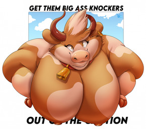 anthro big_breasts big_cheeks breasts brown_body brown_fur brown_hooves brown_horn brown_nipples cloud collar cowbell day fat_arms female flabby_arms fur head_tuft hooves horn huge_breasts multicolored_body multicolored_fur nipples obese obese_anthro obese_female outside overweight overweight_anthro overweight_female pink_nose solo spots text tuft yellow_eyes fatty-sashimi get_them_bigass_ears_out_of_the_caption bovid bovine mammal english_text hi_res shaded