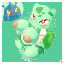 anthro areola big_areola big_breasts blush breasts clitoris exposed female flustered genitals male shortstack size_difference solo thick_thighs vulva highoncoffee nintendo pokemon arthropod bulbasaur generation_1_pokemon generation_2_pokemon heracross pokemon_(species) absurd_res hi_res
