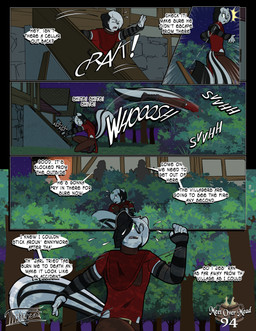 anthro arm_warmers armwear belt black_hair bodily_fluids boots building clothing dialogue door footwear forest fur green_eyes hair hiding leaf male motion_lines night plant running scared scarf shirt shoes shrub solo speech_bubble star sweat sweatdrop text topwear tree tunic white_body white_fur white_hair thibbycat mickey_(thibbycat) mammal mephitid skunk comic english_text hi_res